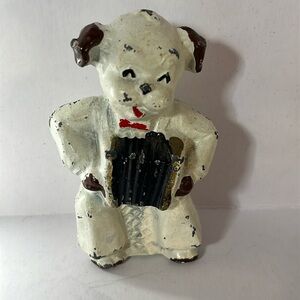 Antique Cast Metal Miniature Dog Playing the Accordion Figurine Toy
